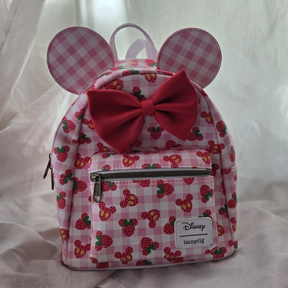Loungefly Pink Strawberry Minnie Ear Kids Backpack with Red Bow
